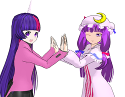 Size: 630x488 | Tagged: safe, artist:wriggle-kick, twilight sparkle, human, humanoid, g4, 3d, clothes, crossover, dress, duo, duo female, female, humanized, mmd, patchouli knowledge, touhou, twichouli