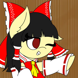 Size: 1024x1024 | Tagged: safe, artist:mrneo, earth pony, pony, bow, crossover, female, hakurei reimu, mare, miko, one eye closed, ponified, smiling, touhou, wink