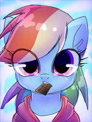 Size: 768x1024 | Tagged: safe, artist:namaenonaipony, rainbow dash, pegasus, pony, g4, bust, chocolate, clothes, cute, dashabetes, female, food, hoodie, looking at you, mare, mouth hold, solo, sparkly eyes