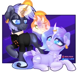 Size: 1125x1038 | Tagged: safe, artist:sickly-sour, oc, oc only, oc:sleepwalker, pony, unicorn, bow, bowtie, female, horn, horn ring, male, mare, ring, stallion, tail bow