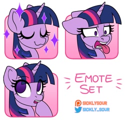Size: 1049x1006 | Tagged: safe, artist:sickly-sour, twilight sparkle, pony, g4, disgusted, emotes, female, floppy ears, mare, no pupils, sparkles, thinking, tongue out, uwu