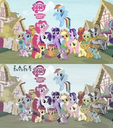 Size: 1809x2048 | Tagged: safe, edit, edited screencap, screencap, apple bloom, applejack, big macintosh, carrot cake, cup cake, fluttershy, granny smith, mayor mare, pinkie pie, rainbow dash, rarity, scootaloo, snails, snips, spike, starlight glimmer, sweetie belle, twilight sparkle, zecora, alicorn, dragon, earth pony, pegasus, pony, unicorn, zebra, g4, book, female, male, mane seven, mane six, mare, meme, ponyville, poster, quill, twilight sparkle (alicorn), zack snyder's justice league