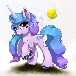 Size: 1500x1500 | Tagged: safe, artist:joakaha, izzy moonbow, pony, unicorn, g5, ball, cloven hooves, cutie mark, female, izzy's tennis ball, levitation, magic, mare, open mouth, raised hoof, solo, telekinesis, tennis ball