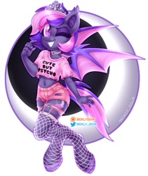 Size: 1121x1330 | Tagged: safe, artist:sickly-sour, oc, oc only, oc:midnight mist, bat pony, anthro, unguligrade anthro, fangs, female, fishnet stockings, jewelry, mare, solo, tiara, wings