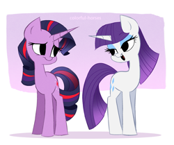 Size: 2451x2048 | Tagged: safe, artist:syrupyyy, rarity, twilight sparkle, pony, unicorn, g4, alternate hairstyle, duo, eyeshadow, female, high res, lidded eyes, looking at each other, makeup, mane swap, mare, open mouth, rarity hair, unicorn twilight