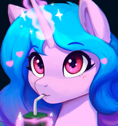 Size: 1500x1598 | Tagged: safe, artist:mrscroup, izzy moonbow, pony, unicorn, g5, aura, blushing, bust, cute, drink, drinking, drinking straw, eye shimmer, eyebrows, eyebrows visible through hair, featured image, female, floating heart, glowing, glowing horn, heart, horn, izzybetes, juice, juice box, levitation, magic, mare, portrait, solo, sparkles, straw, straw in mouth, telekinesis, wingdings