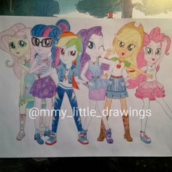 Size: 1080x1080 | Tagged: safe, artist:mmy_little_drawings, applejack, fluttershy, pinkie pie, rainbow dash, rarity, sci-twi, twilight sparkle, equestria girls, g4, my little pony equestria girls: better together, clothes, converse, female, glasses, hat, humane five, humane six, open mouth, pants, shoes, skirt, smiling, torn clothes, traditional art, watermark