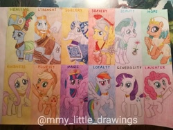 Size: 1080x810 | Tagged: safe, artist:mmy_little_drawings, applejack, flash magnus, fluttershy, meadowbrook, mistmane, pinkie pie, rainbow dash, rarity, rockhoof, somnambula, star swirl the bearded, twilight sparkle, alicorn, bat pony, earth pony, pegasus, pony, unicorn, g4, clothes, cute, element of generosity, element of honesty, element of kindness, element of laughter, element of loyalty, element of magic, elements of harmony, eyelashes, female, flutterbat, hat, helmet, horn, jackabetes, male, mane six, mare, mask, meadowcute, open mouth, pillars of equestria, race swap, raised hoof, rearing, shovel, shyabates, shyabetes, somnambetes, stallion, traditional art, twilight sparkle (alicorn), watermark, wings