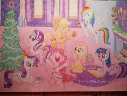Size: 1080x810 | Tagged: safe, artist:mmy_little_drawings, applejack, fluttershy, pinkie pie, rainbow dash, rarity, spike, starlight glimmer, twilight sparkle, alicorn, earth pony, pegasus, pony, unicorn, g4, book, christmas, christmas lights, christmas tree, eyes closed, female, fireplace, flying, holiday, hoof hold, horn, indoors, looking up, lying down, male, mane seven, mane six, open mouth, prone, reading, traditional art, tree, twilight sparkle (alicorn), watermark