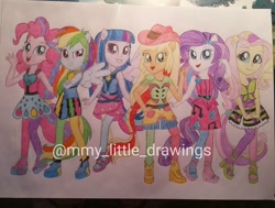 Size: 1080x818 | Tagged: safe, artist:mmy_little_drawings, applejack, fluttershy, pinkie pie, rainbow dash, rarity, twilight sparkle, alicorn, equestria girls, g4, my little pony equestria girls: rainbow rocks, clothes, eyelashes, female, grin, hat, humane five, humane six, open mouth, ponied up, skirt, smiling, the rainbooms, traditional art, twilight sparkle (alicorn), watermark, wings