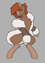 Size: 2500x3500 | Tagged: safe, artist:sneetymist, oc, oc only, oc:soft coffee, earth pony, pony, clothes, coat markings, female, fluffy, fur coat, high res, jacket, lying down, mare, no tail, parka, partial nudity, simple background, socks (coat markings), solo, winter outfit