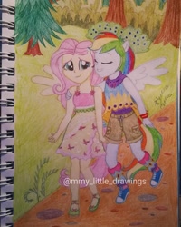 Size: 1017x1271 | Tagged: safe, artist:mmy_little_drawings, fluttershy, rainbow dash, equestria girls, g4, my little pony equestria girls: legend of everfree, bush, clothes, converse, dress, eyelashes, eyes closed, female, flying, grin, lesbian, outdoors, ponied up, ship:flutterdash, shipping, shoes, shorts, side hug, sleeveless, smiling, traditional art, tree, watermark, wings