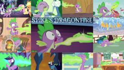 Size: 1280x721 | Tagged: safe, edit, edited screencap, editor:quoterific, screencap, applejack, fluttershy, rarity, spike, tree of harmony, twilight sparkle, alicorn, earth pony, pegasus, pony, unicorn, a bird in the hoof, crusaders of the lost mark, dragon quest, equestria games (episode), g4, it's about time, molt down, once upon a zeppelin, secret of my excess, the crystal empire, the cutie pox, the cutie re-mark, twilight's kingdom, winter wrap up, applejack's hat, cowboy hat, dragonfire, eyes closed, golden oaks library, hat, ponyville, ponyville schoolhouse, sugarcube corner, twilight sparkle (alicorn), wide eyes
