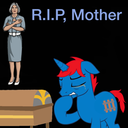 Size: 900x900 | Tagged: safe, artist:ry-bluepony1, oc, oc:train track, human, pony, unicorn, g4, the parent map, archer (show), base used, coffin, crying, eyes closed, floppy ears, funeral, implied death, jessica walter, memorial, rest in peace, sad, show accurate, teeth, wavy mouth