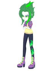 Size: 1280x1708 | Tagged: safe, artist:ocean-drop, oc, oc only, oc:gem stone, dracony, hybrid, equestria girls, g4, boots, clothes, crossed arms, equestria girls-ified, female, grumpy, high heel boots, interspecies offspring, jacket, offspring, pants, parent:rarity, parent:spike, parents:sparity, shoes, simple background, solo, transparent background