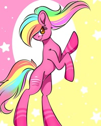 Size: 1080x1350 | Tagged: safe, artist:tessa_key_, oc, oc only, earth pony, pony, abstract background, earth pony oc, eyelashes, female, hoofy-kicks, mare, multicolored hair, rainbow hair, rearing, solo