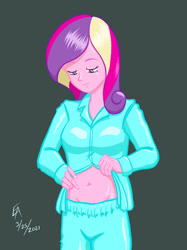 Size: 800x1067 | Tagged: safe, artist:mayorlight, dean cadance, princess cadance, equestria girls, g4, my little pony equestria girls: friendship games, belly button, clothes, digital art, early pregnancy, implied flurry heart, open clothes, open shirt, pajamas, procreate app, simple background, solo