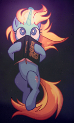 Size: 1485x2466 | Tagged: safe, artist:petruse4ka, oc, oc:skydreams, pony, unicorn, fallout equestria, book, commission, female, glowing horn, hiding behind book, horn, mare, ych result