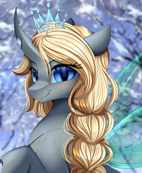 Size: 1446x1764 | Tagged: safe, artist:pridark, oc, oc only, changeling, beautiful, blue eyes, blushing, bust, commission, cute, female, horn, looking at you, portrait, pretty, raised hoof, smiling, solo
