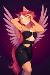 Size: 862x1280 | Tagged: safe, artist:hakkids2, oc, oc only, pegasus, anthro, bedroom eyes, blaze (coat marking), breasts, clothes, coat markings, commission, delicious flat chest, digital art, dress, facial markings, female, looking at you, pose, simple background, solo, spread wings, tail, thighs, wide hips, wings