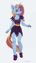 Size: 730x1280 | Tagged: safe, artist:kurazhek, sassy saddles, unicorn, anthro, unguligrade anthro, g4, bedroom eyes, breasts, clothes, digital art, dress, female, horn, looking at you, shoes, simple background, solo, tail, thighs, white background, wide hips