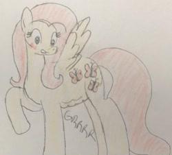 Size: 1080x977 | Tagged: safe, artist:powerpup97, fluttershy, pegasus, pony, g4, blushing, female, hunger, hungry, looking at belly, sketch, solo, starving, stomach growl, stomach noise, traditional art