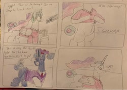 Size: 750x534 | Tagged: safe, artist:powerpup97, princess celestia, princess luna, alicorn, pony, between dark and dawn, g4, bipedal, celestia is not amused, clothes, eyes closed, female, golf, grumpy, hunger, hungry, open mouth, sketch, solo, sports, starving, stomach growl, stomach noise, traditional art, unamused