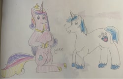 Size: 750x486 | Tagged: safe, artist:powerpup97, princess cadance, shining armor, alicorn, pony, g4, hunger, hungry, sketch, starving, stomach growl, stomach noise, traditional art