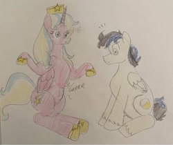 Size: 750x629 | Tagged: safe, artist:powerpup97, oc, oc:princess starbright, oc:quarter moon, alicorn, pony, hunger, hungry, sketch, starving, stomach growl, stomach noise, traditional art