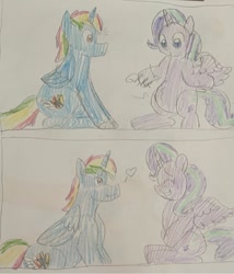 Size: 750x875 | Tagged: safe, artist:powerpup97, starlight glimmer, oc, oc:shield wing, alicorn, pony, g4, alicornified, duo, embarrassed, heart, hunger, hungry, looking at belly, race swap, sketch, smiling, starlicorn, starving, stomach growl, stomach noise, traditional art, xk-class end-of-the-world scenario