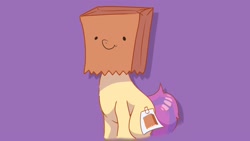 Size: 2048x1152 | Tagged: safe, artist:notboxcasted, oc, oc only, oc:paper bag, pony, fake cutie mark, female, paper bag, purple background, simple background, solo