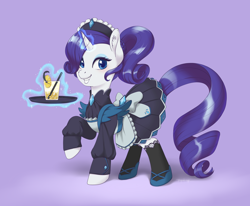 Size: 4250x3500 | Tagged: safe, artist:taytinabelle, part of a set, rarity, pony, unicorn, g4, alternate hairstyle, apron, blushing, bow, clothes, cute, cutie mark accessory, dress, drink, ear fluff, female, food, gradient background, grin, hair bun, juice, lemon, lemonade, long sleeves, looking at you, magic, maid, maid headdress, maidity, mare, ponytail, purple background, raised hoof, raribetes, shoes, simple background, smiling, socks, solo, straw, tray