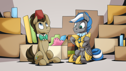 Size: 2560x1440 | Tagged: safe, artist:mysticalpha, doctor whooves, time turner, oc, oc:cloud zapper, g4, armor, bowtie, bowties are cool, cardboard box, doctor who, fez, hat, male, royal guard, royal guard armor, royal guard oc, stallion, the doctor