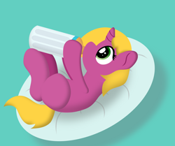 Size: 3732x3114 | Tagged: safe, artist:bryastar, oc, oc only, oc:bright star, pony, unicorn, baby bottle, female, filly, foal, high res, pillow