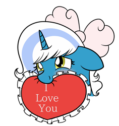 Size: 1024x1085 | Tagged: safe, artist:tubachic, oc, oc:fleurbelle, alicorn, pony, alicorn oc, bow, hair bow, heart, heart pillow, horn, i love you, mouth hold, pillow, simple background, transparent background, wingding eyes, wings, yellow eyes