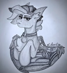 Size: 946x1024 | Tagged: safe, artist:na_stile_90x, oc, oc only, pegasus, pony, collar, female, frown, looking at you, solo, spread wings, traditional art, unamused, wings