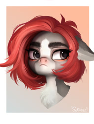 Size: 1004x1318 | Tagged: safe, artist:sofiko-ko, oc, oc only, oc:vensual, pegasus, pony, bald face, blaze (coat marking), bust, chest fluff, coat markings, facial markings, frown, gradient background, grumpy, looking away, pale belly, passepartout, portrait, solo, unamused