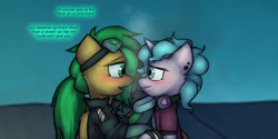 Size: 1280x640 | Tagged: safe, artist:captainhoers, oc, oc only, oc:atom smasher, oc:candy chip, cyborg, pegasus, pony, unicorn, the sunjackers, blushing, candysmasher, cyberpunk, female, looking at each other, mare, shipping