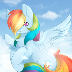 Size: 2500x2500 | Tagged: safe, artist:cottonaime, rainbow dash, pegasus, pony, g4, backwards cutie mark, cloud, high res, looking up, solo