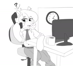 Size: 1543x1407 | Tagged: safe, artist:littlebibbo, oc, oc only, oc:bibbo, pegasus, pony, chair, clock, clothes, computer screen, female, freckles, holding, lidded eyes, mare, monochrome, mug, necktie, office, open mouth, pants, phone, question mark, shirt, sitting, sketch, solo, table