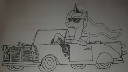 Size: 1247x703 | Tagged: safe, artist:flammerfime, princess luna, alicorn, pony, g4, car, convertible, cool, cutie mark, solo, sunglasses, traditional art