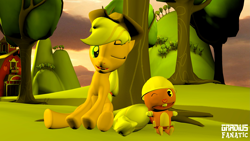 Size: 3413x1920 | Tagged: safe, artist:gradiusfanatic, applejack, earth pony, pony, g4, 3d, crossover, female, handy, happy tree friends, male, one eye closed, source filmmaker, wink