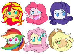 Size: 2224x1668 | Tagged: safe, alternate version, artist:batipin, part of a set, applejack, fluttershy, pinkie pie, rainbow dash, rarity, sunset shimmer, equestria girls, g4, blushing, head only, humane five, one eye closed, simple background, transparent background, wink