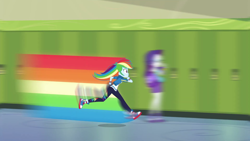 Size: 1280x720 | Tagged: safe, screencap, rainbow dash, rarity, equestria girls, fomo, g4, my little pony equestria girls: better together, blurry background, bracelet, clothes, converse, cutie mark, cutie mark on clothes, duo, duo female, female, gotta go fast, hoodie, jewelry, lockers, male, rainbow trail, rarity peplum dress, running, shoes, smiling, sonic in the comments, sonic the hedgehog, sonic the hedgehog (series), speed trail