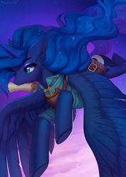 Size: 928x1300 | Tagged: safe, artist:margony, princess luna, alicorn, pony, armor, bag, clothes, cloud, ear fluff, eyeshadow, female, floppy ears, flying, horn, lidded eyes, makeup, mare, mouth hold, saddle bag, scroll, sky, solo, spread wings, stars, underhoof, wings