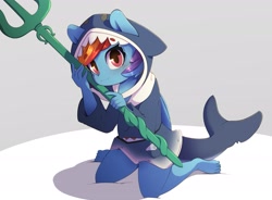 Size: 2757x2025 | Tagged: safe, artist:luxaestas, rainbow dash, pegasus, anthro, plantigrade anthro, g4, clothes, cosplay, costume, cute, dashabetes, gawr gura, high res, hololive, hololive eng, hoodie, looking at you, shark costume, shark hat, simple background, smiling, solo, trident, vtuber