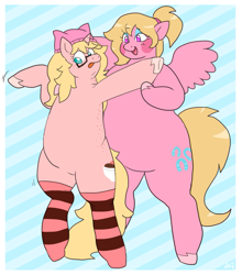 Size: 973x1104 | Tagged: safe, artist:greenarsonist, oc, oc:giggle, oc:mille feuille, pegasus, pony, unicorn, :p, blushing, chubby, chubby cheeks, clothes, dance lesson, dancing, eyeshadow, fat, freckles, gift art, glasses, hair tie, hat, helping, horn, makeup, on hind legs, pegasus oc, spread wings, standing up, standing upright, stockings, thigh highs, tongue out, unicorn oc, unshorn fetlocks, wings