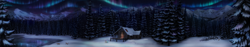 Size: 6144x1152 | Tagged: safe, artist:inowiseei, oc, oc only, oc:summer ray, fox, pegasus, pony, aurora borealis, cabin, clothes, fireplace, forest, hat, mountain, panorama, scarf, scenery, scenery focus, scenery porn, snow, winter