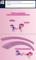 Size: 504x830 | Tagged: safe, artist:verve, pinkie pie, twilight sparkle, alicorn, earth pony, genie, genie pony, pony, ain't never had friends like us, g4, ask, comic, conjoined, female, fusion, gradient background, mare, pixel art, pushmi-pullyu, running, twilight sparkle (alicorn), twinkie (fusion)