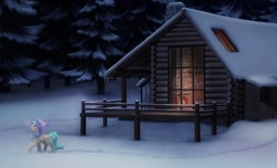 Size: 1905x1155 | Tagged: safe, artist:inowiseei, oc, oc only, oc:summer ray, pegasus, pony, cabin, clothes, fireplace, forest, hat, scarf, scenery, snow, winter